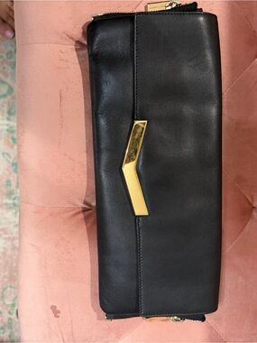 Black Leather Women's Clutch with Gold Accent
